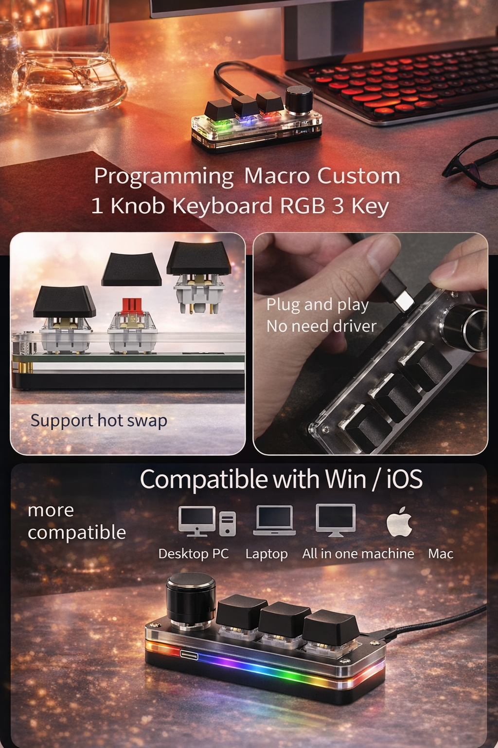 Mini teclado con 3 teclas programables USB-C